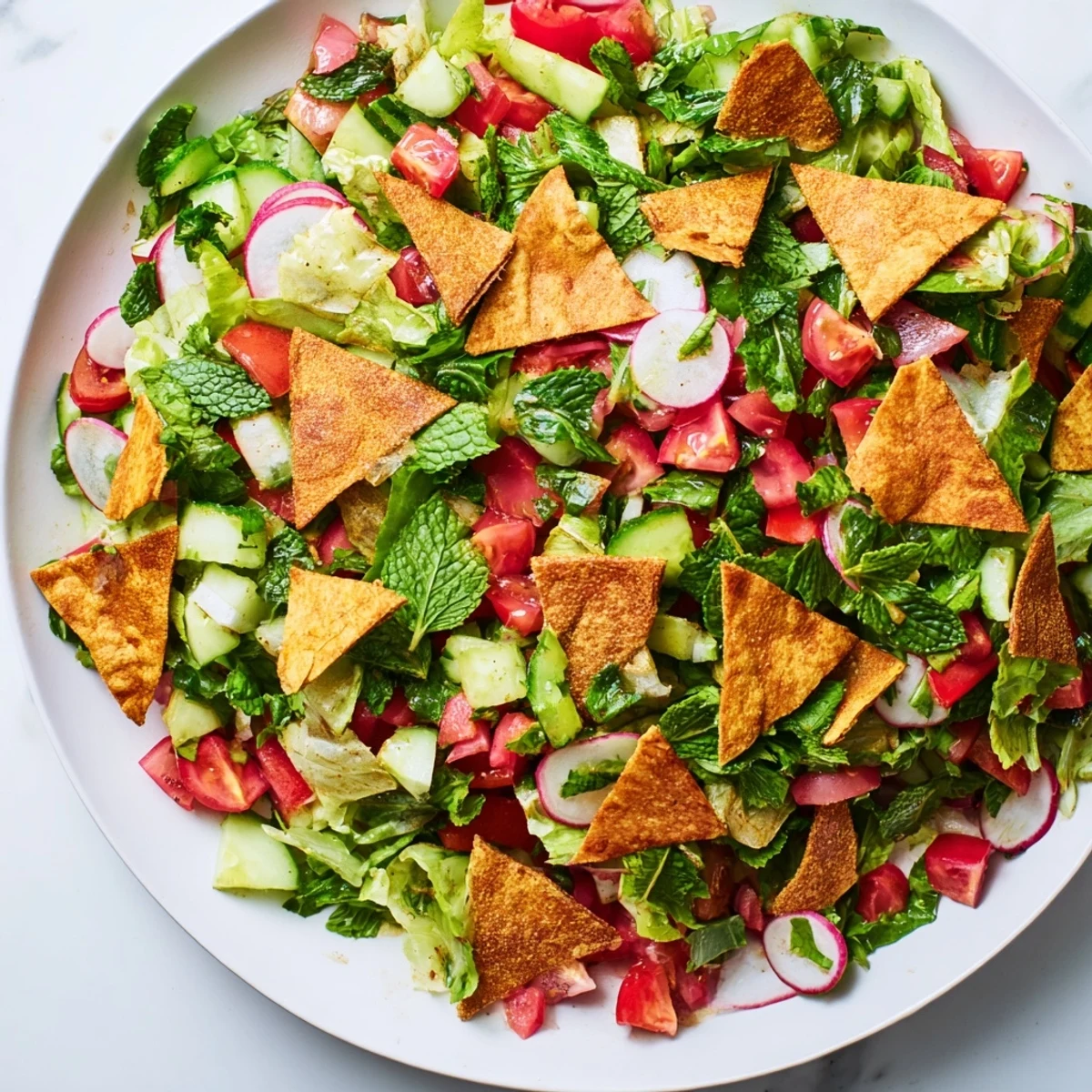 A colorful bowl of Lebanese Fattoush Salad, featuring crispy pita and vibrant vegetables.