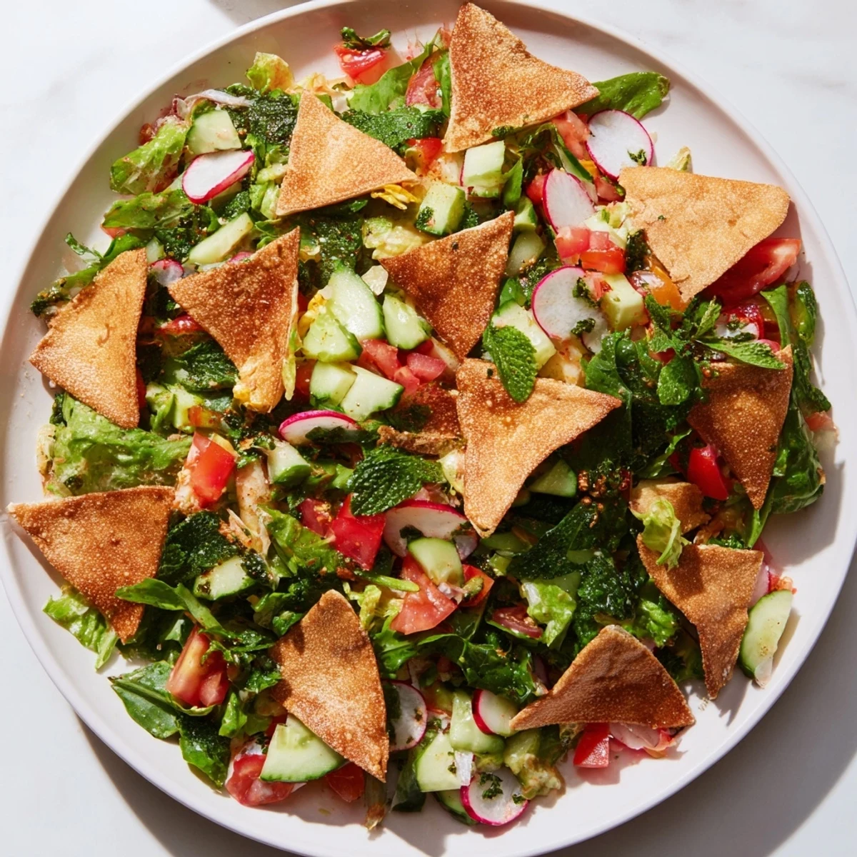 Golden pita chips and a flavorful sumac dressing enhance this refreshing Lebanese Fattoush Salad.
