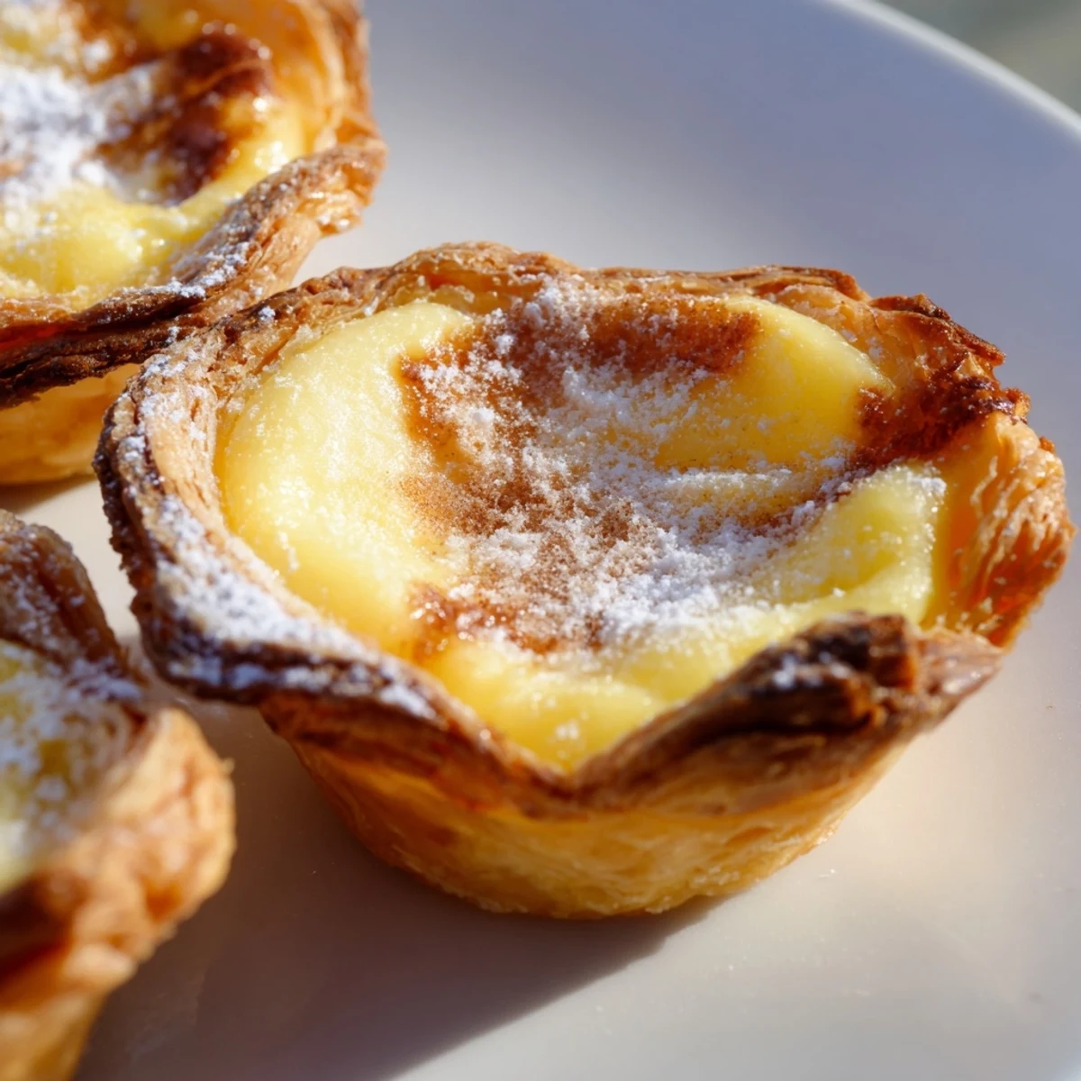 Golden-brown Portuguese egg tarts, nestled in flaky crusts, dusted with cinnamon and powdered sugar.
