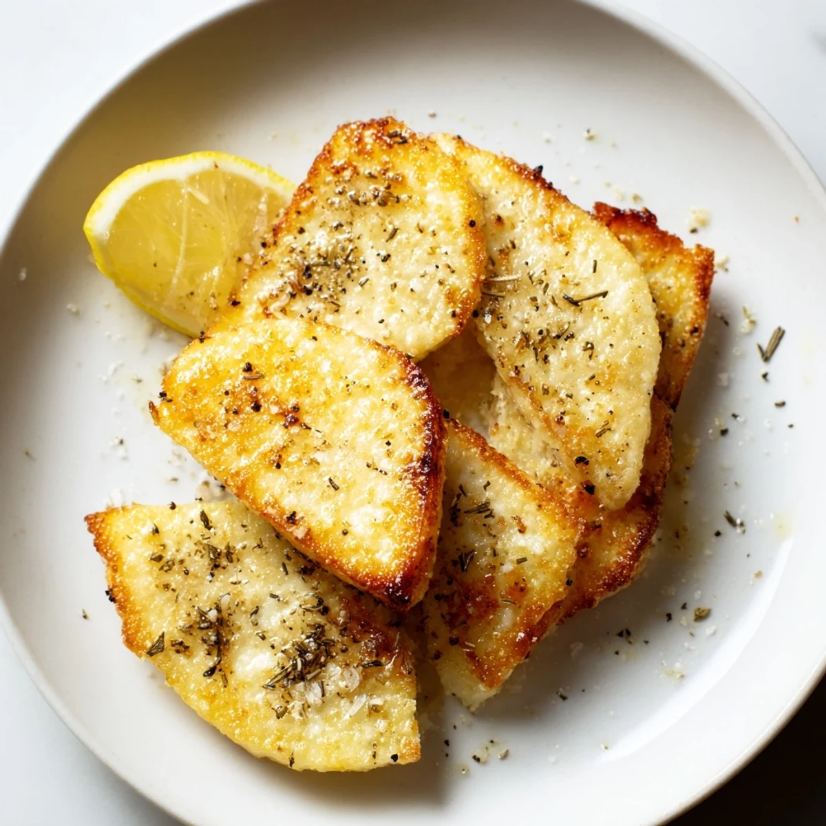 Close-up of crispy, fried Greek saganaki cheese, dusted with oregano and pepper, served hot.