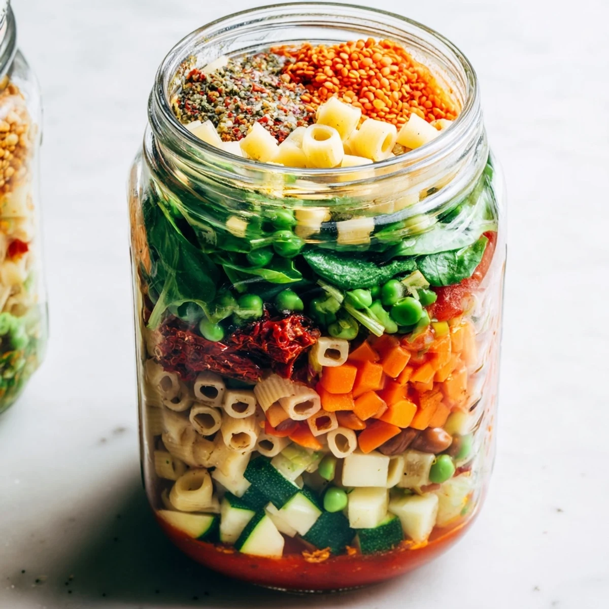 Top view of a Minestrone Soup jar filled with fresh zucchini, carrots, and lentils, topped with tomato paste and spices.