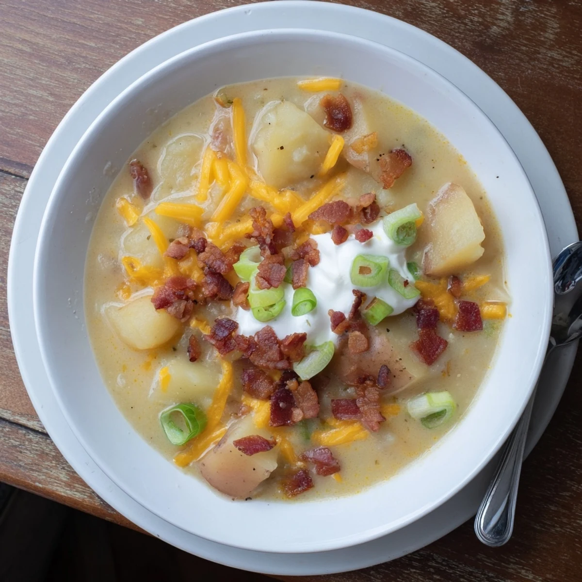 Creamy Loaded Baked Potato Soup features tender potato chunks, crispy bacon, sharp cheddar, and a dollop of sour cream in a rustic bowl.