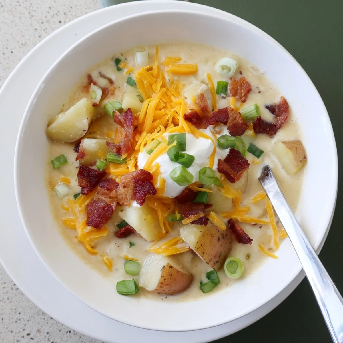 Golden baked russet potatoes simmer in a creamy broth with smoky bacon and sharp cheddar for this comforting Loaded Baked Potato Soup.
