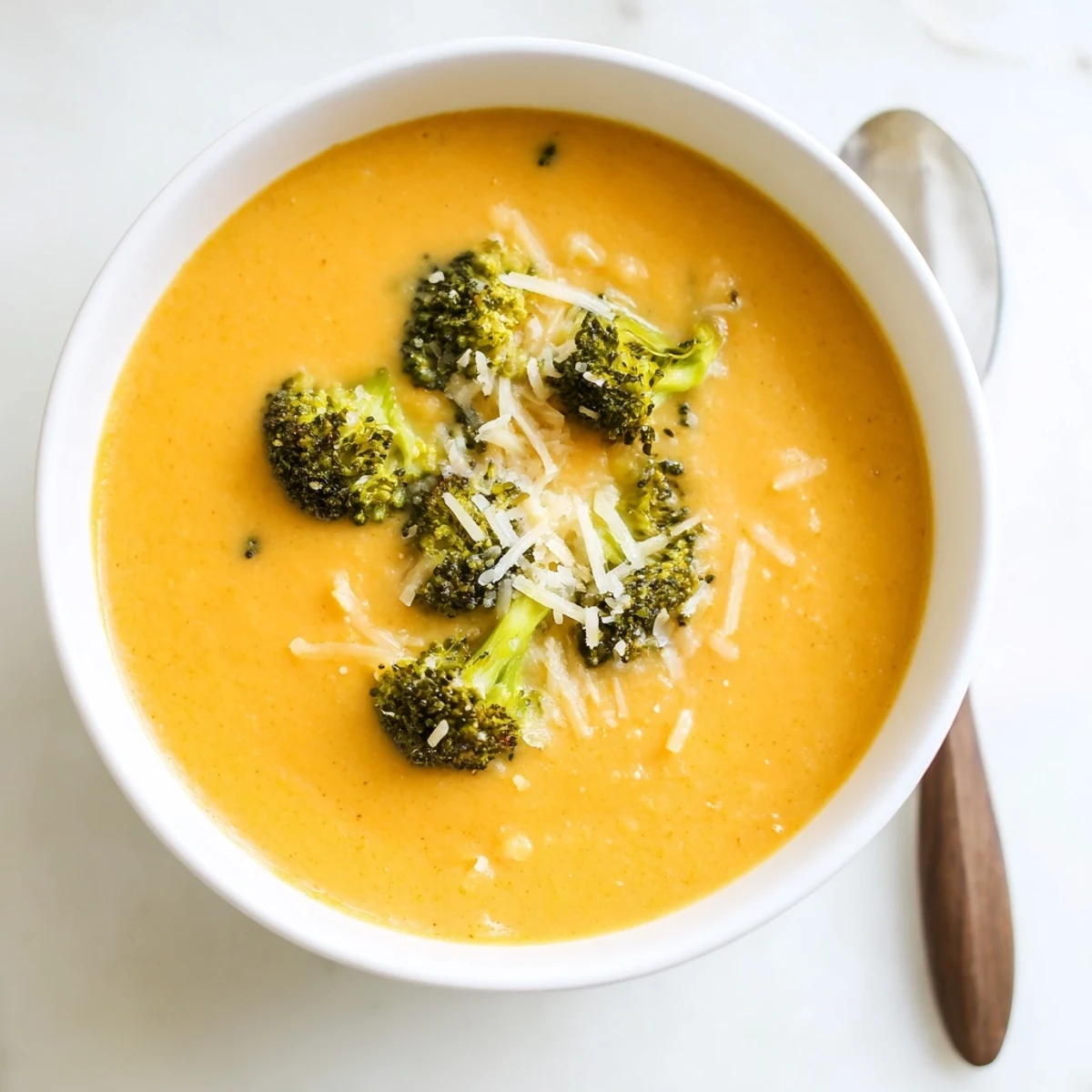 A comforting bowl of Broccoli Cheddar Soup featuring smooth, creamy texture and melted sharp cheddar cheese garnish.  