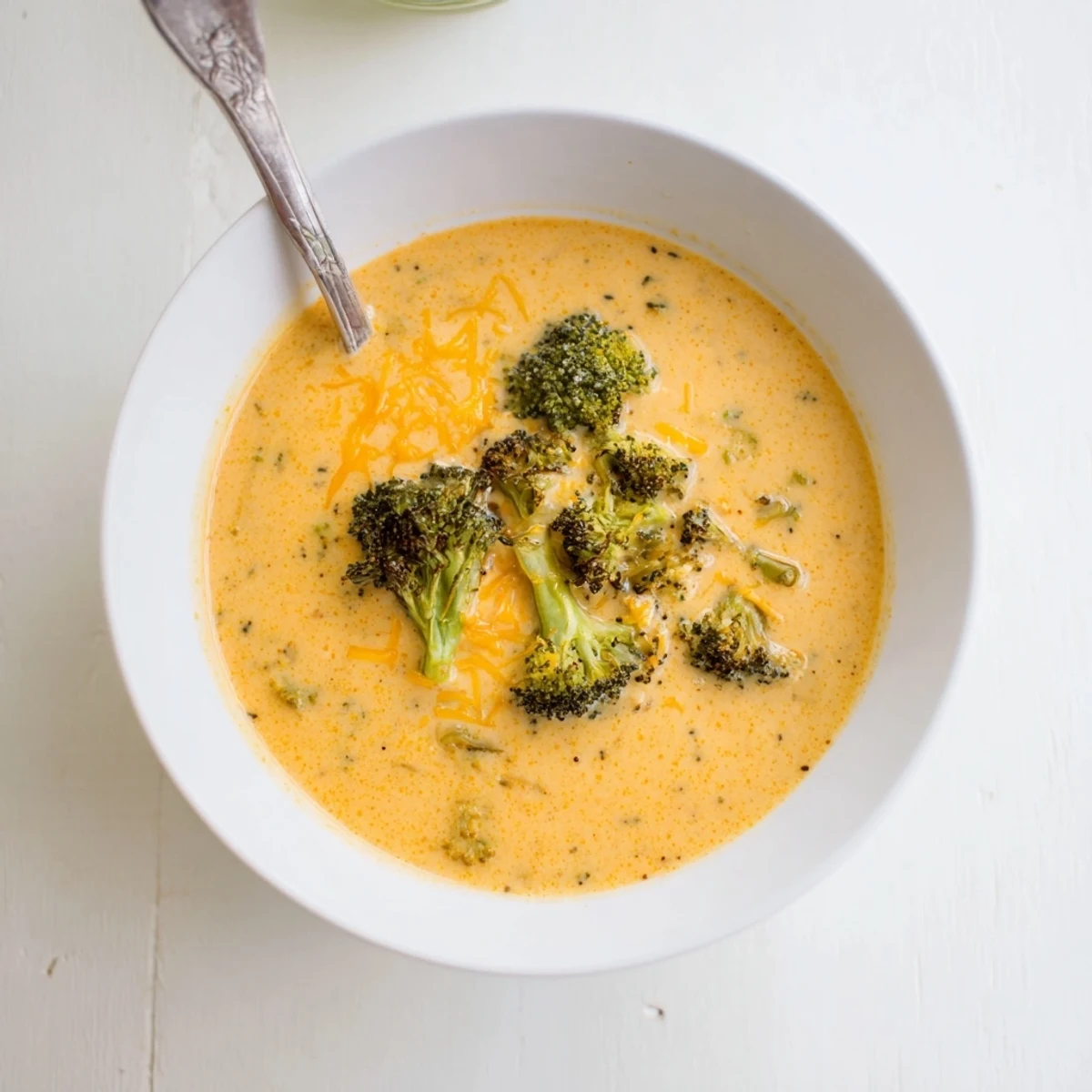 Steaming Broccoli Cheddar Soup ladled into a rustic bowl, served with crusty bread for dipping.