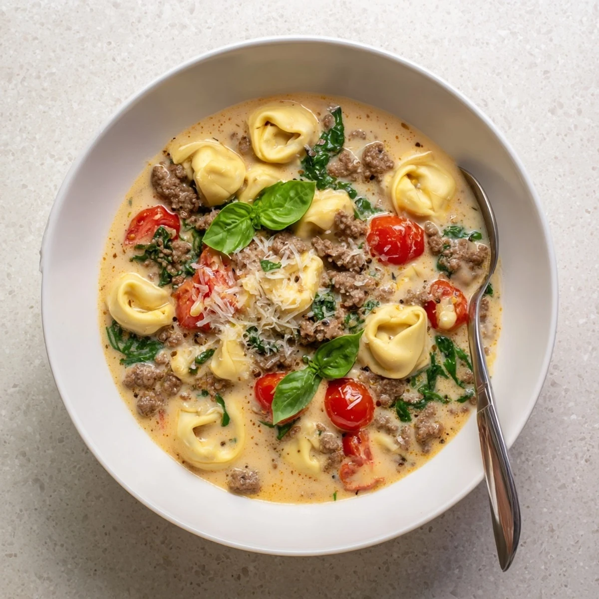Savory Tortellini Beef Soup with tender beef, sweet cherry tomatoes, and spinach leaves topped with fresh parsley and grated Parmesan cheese.