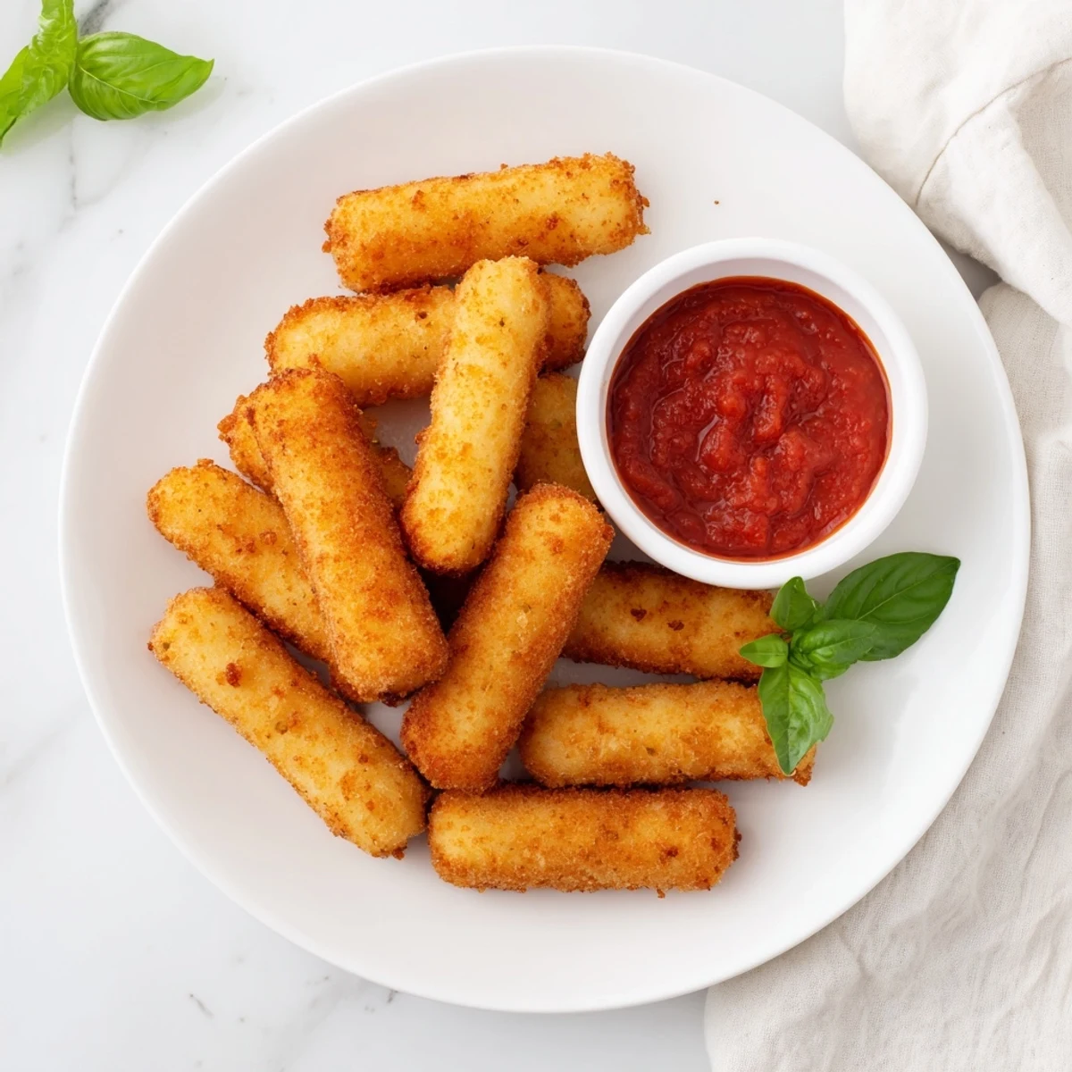 Close-up of gooey mozzarella sticks with a golden crust, air fried to perfection and garnished with fresh basil.