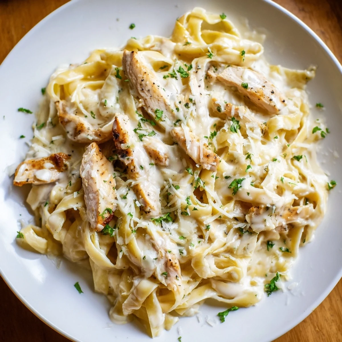 A close-up of skillet Chicken Alfredo with glossy cream sauce clinging to pasta and tender chicken, served hot with a side salad and crusty bread.  