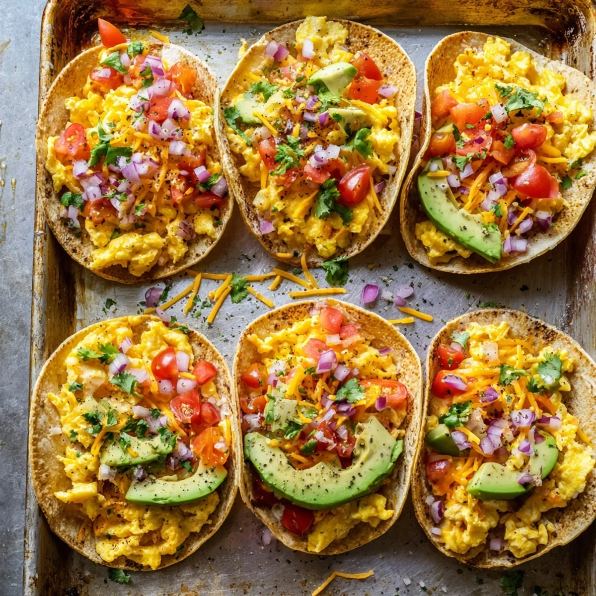 A single sheet pan holding fully baked Sheet Pan Breakfast Tacos with salsa.