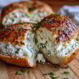 A stack of chewy, golden bagels infused with garlic and herbs, served with a creamy cottage cheese topping for a protein-packed breakfast.  