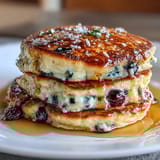 Fluffy sourdough discard pancakes bursting with juicy blueberries and bright lemon zest, perfect for a tangy breakfast treat.