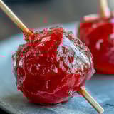 Classic red candy apples glistening on parchment paper, perfect for fall festivals and Halloween parties.  