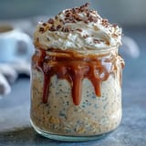 Creamy vanilla bean frappuccino overnight oats dessert jar with rich espresso and whipped cream topping.