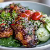 Lemon vinaigrette grilled chicken and veggie bowl with fresh greens and feta.
