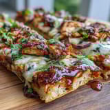 Golden BBQ chicken flatbread pizza topped with gooey cheese, colorful veggies, and a hint of jalapeño, perfect for summer gatherings.