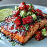 A light and healthy dinner featuring tender, smoky grilled salmon paired with a refreshing strawberry avocado salsa.  
