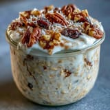 Wholesome carrot cake overnight oats layered with warm spices, crunchy walnuts, and sweet maple syrup in a jar.