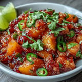 Sweet and spicy Fricy Peach Jalapeño Salsa glistening, perfect side dish.