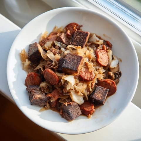 A steaming bowl of Babcias Secret Bigos, savoring the rich meats and tangy sauerkraut aroma.