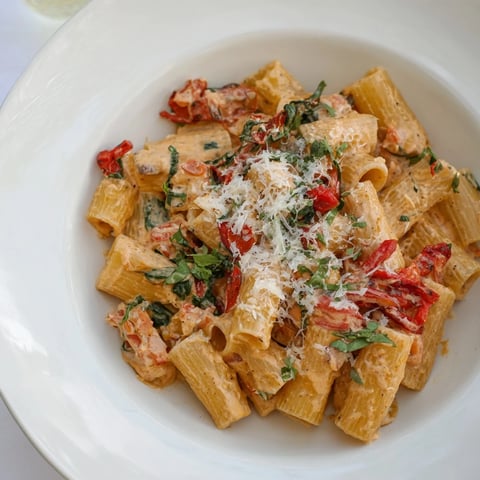 A vibrant bowl of Lightened-Up Vodka Rosé Christmas Pasta, bursting with festive holiday colors.
