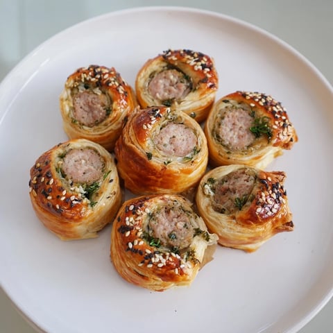 Golden Savory Bites: Mini Sausage Roll Half-Circle Wreath, a delicious appetizer ready to serve with mustard.