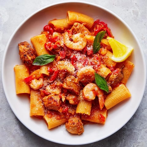 One-Pot Diavola Pasta with Shrimp: steaming bowl of pasta with plump shrimp and fiery tomato sauce.