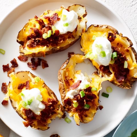 Golden, crispy Loaded Baked Potato Skins, generously filled with bubbling cheese, bacon, and vibrant green onions.