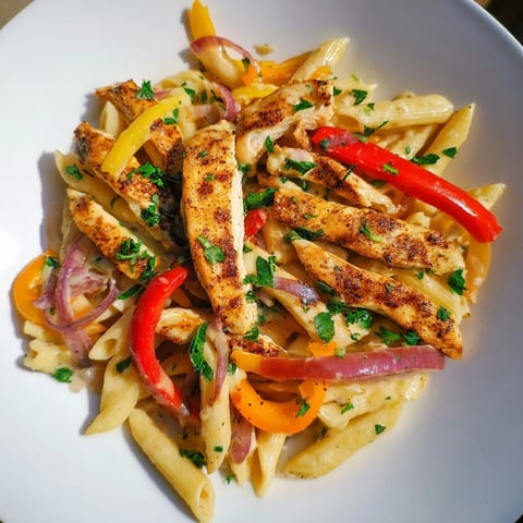 Golden Cajun Chicken Pasta, with creamy sauce and colorful bell peppers, ready to serve.