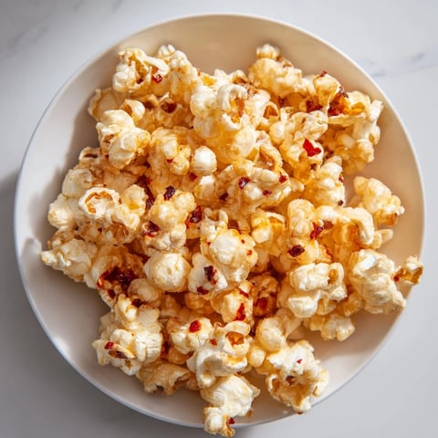 Golden, glistening Hot Honey Butter Popcorn with a perfect sweet and spicy flavor coating, ready to enjoy.
