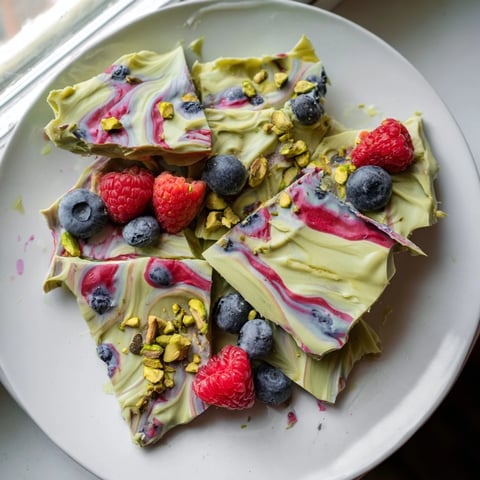 Creamy frozen yogurt bark swirled with matcha and fresh berries, a delightful, frozen dessert.