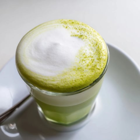 Vibrant green Creamy Matcha Latte with a fluffy white cold foam, delicious and frothy in a glass.