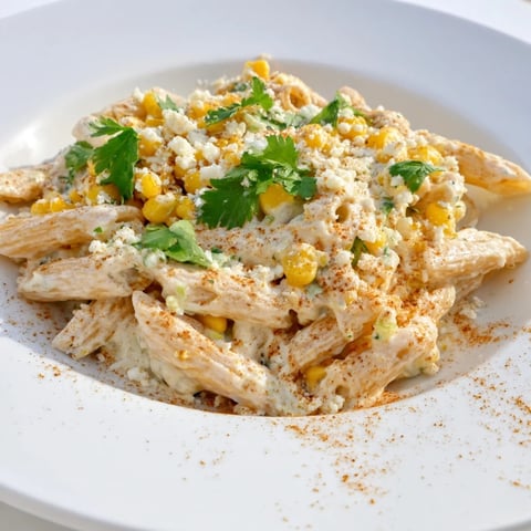 Creamy Mexican Street Corn Pasta, with vibrant corn and cotija, ready for a delicious dinner.