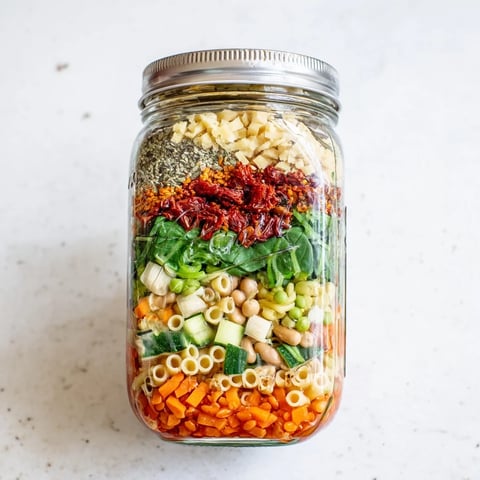 Clear glass mason jar showing vibrant layers of Minestrone Soup ingredients, including colorful diced vegetables, pasta, and herbs.