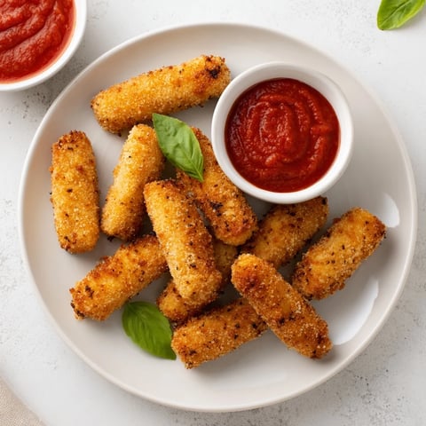 Golden-brown air fryer mozzarella sticks arranged on a white plate with warm marinara dipping sauce and fresh basil garnish.  