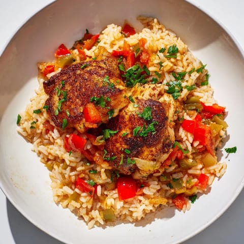 Golden-brown Smoked Paprika Chicken and Rice Casserole, a delightful baked dish with vegetables.