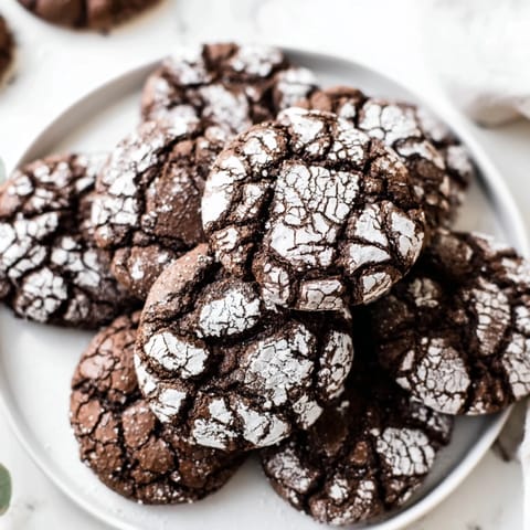 Warm chocolate crinkle cookies, crackled and coated in powdered sugar, ready to savor.