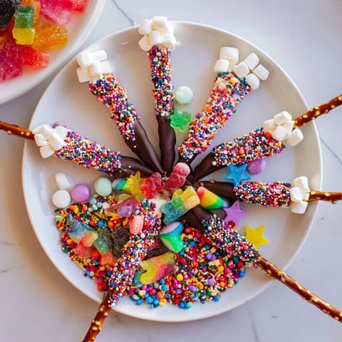 A colorful Magical Wand Candy Board, with chocolate dipped pretzels and vibrant candies for a sweet snack.