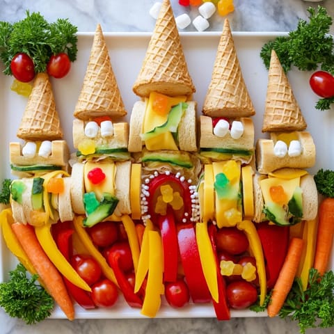 A colorful Fairy Tale Castle Platter with assorted snacks and vibrant, fresh vegetables.