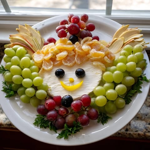This Cherub Angel Snack Tray showcases a festive array of brie, grapes, and sweet dried apricots.