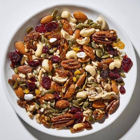 A close-up of a bowl of homemade Nutty Nosh Squirrel Snack Mix overflowing with crunchy goodness.