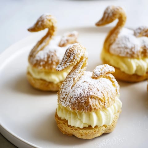 Delicate swan pastries on a platter, filled with vanilla pastry cream; perfect Feathered Friend dessert.