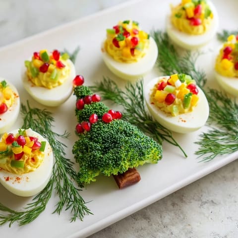 Beautiful Christmas Tree Deviled Eggs, piled high with a delectable yolk filling and paprika dusting.