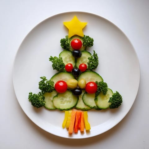 Festive Tree Cucumber Tomato Platter with vibrant tomatoes and cucumbers, a healthy holiday appetizer.