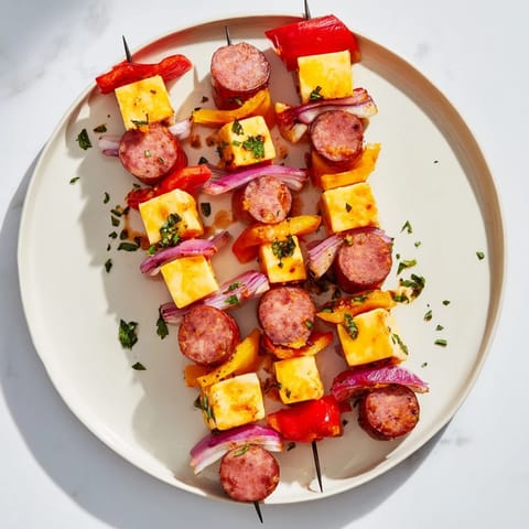 Smoky grilled chimney stack sausage and cheese skewers, perfect for a flavorful American appetizer spread.