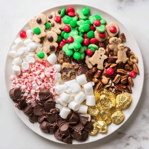 Delicious Santas Sack Candy Avalanche with chocolate, peppermint bark, and sugar cookies, a sweet holiday treat.