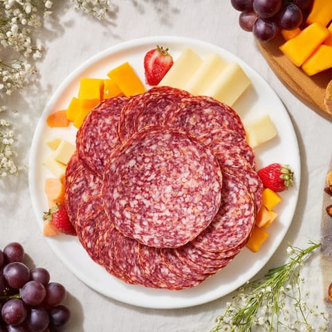 Single bloom Easy Charcuterie board in preparation showing the beautifully arranged salami rose with Brie.