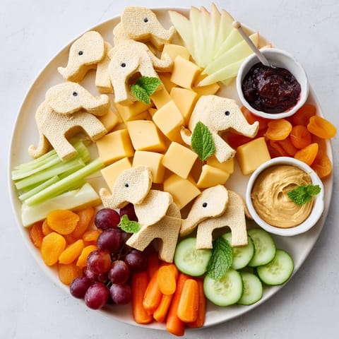 An appealing Gentle Giant Elephant Cracker Board, perfect for sharing, with grapes and creamy brie.
