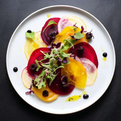 Vibrant "Shadow Play" dish features layered beets, arugula, and drizzled dressing for a stunning presentation.