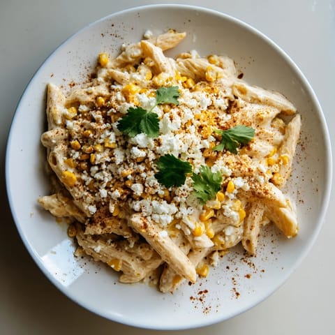 A flavorful bowl of Mexican Street Corn Pasta, topped with fresh cilantro, Cotija cheese and lime.