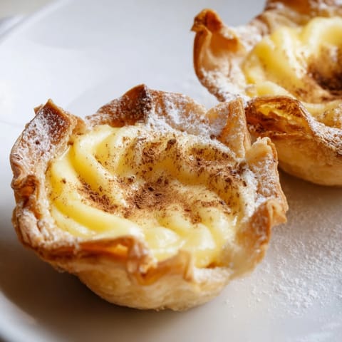 A close-up shot of fresh Portuguese egg tarts, showing the creamy custard filling and crispy pastry.